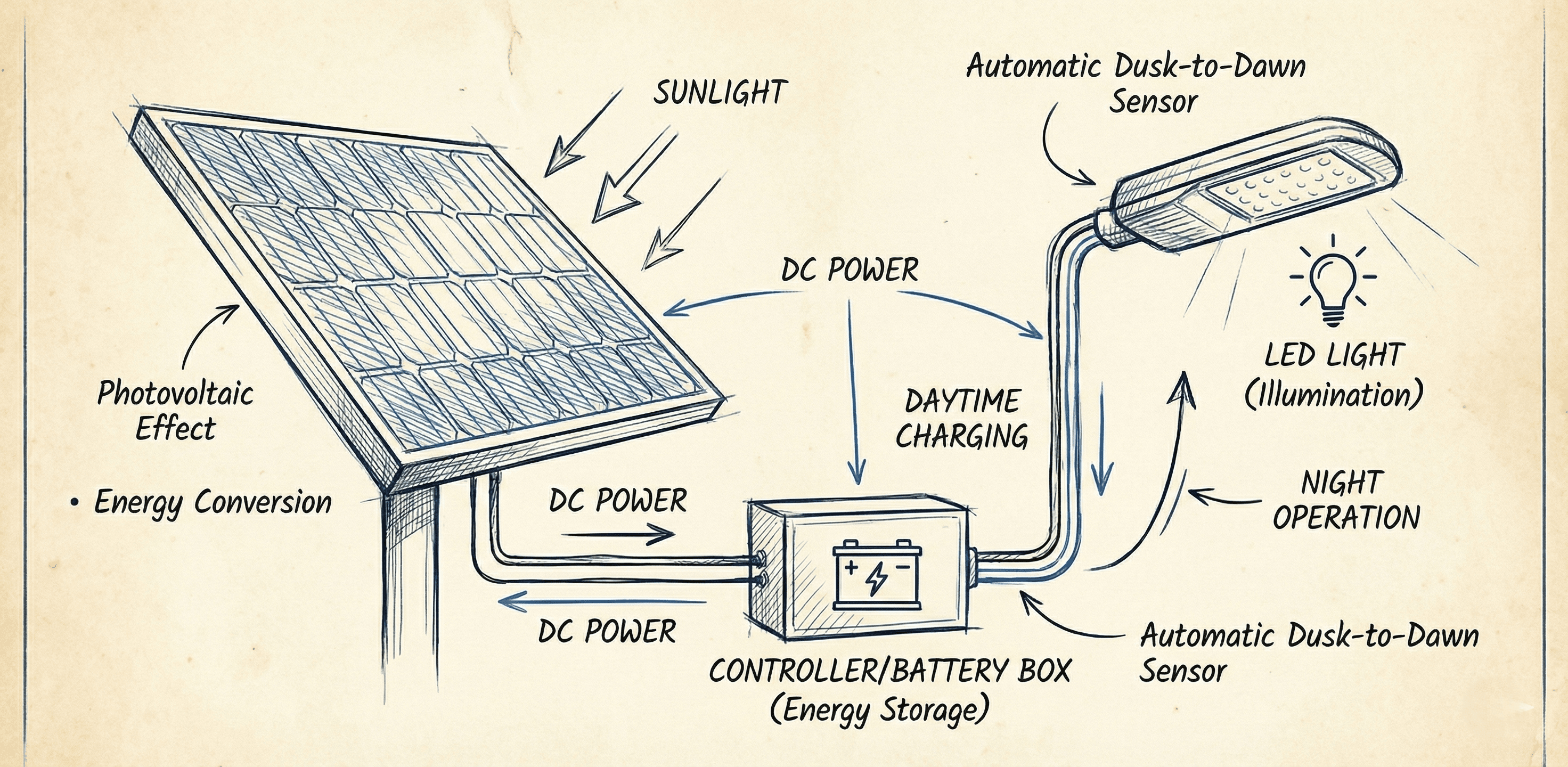 Technical diagram illustrating the solar charging and auto-dimming process of Auralis Solar Lights