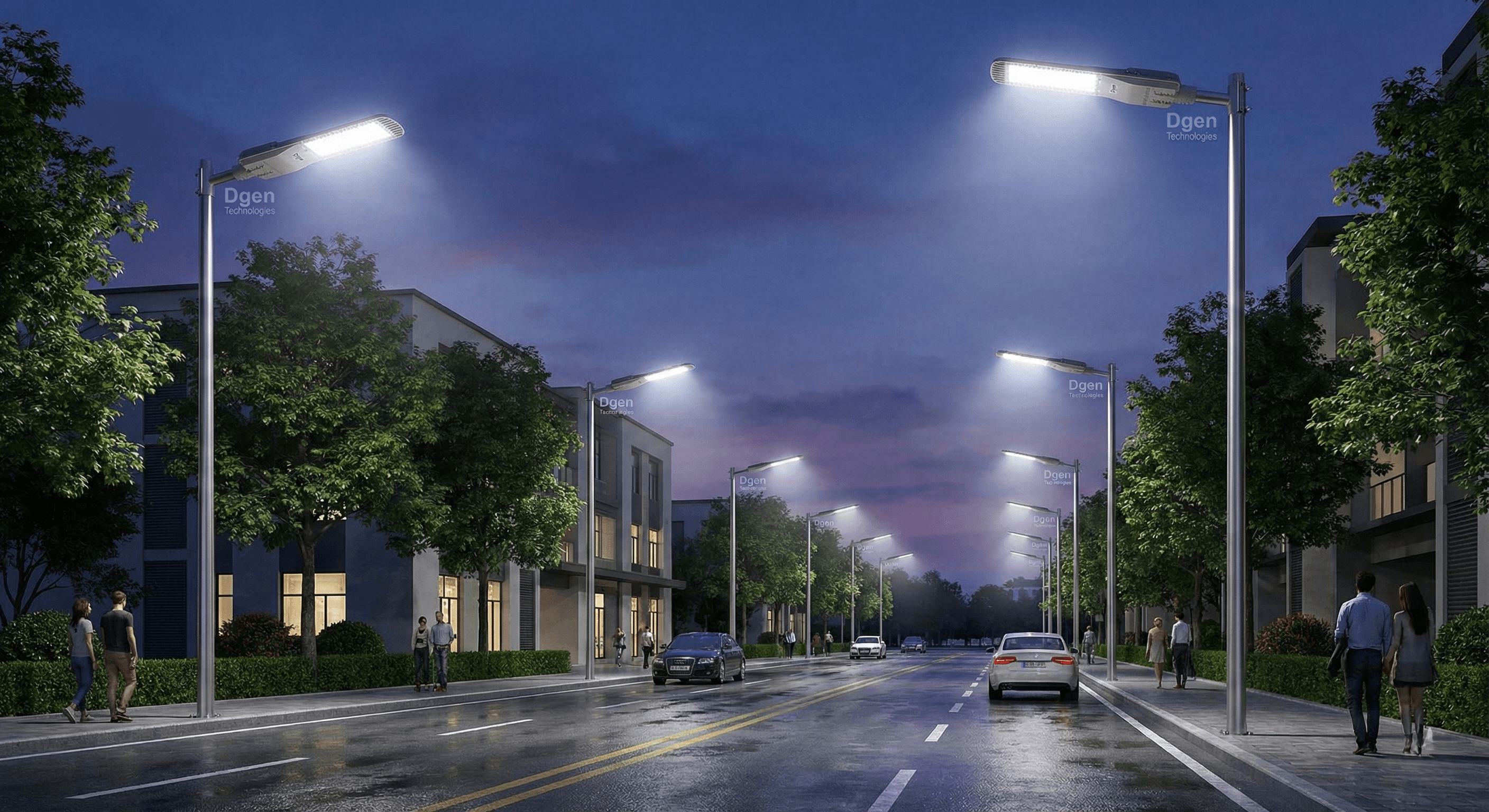 Residential urban street illuminated by Dgen Technologies LED street lights with pedestrians